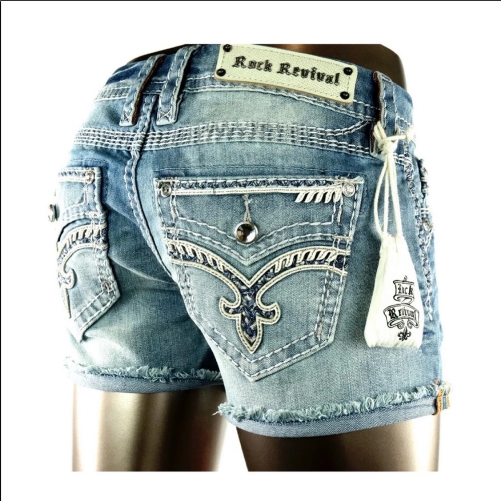 Rock Revival Blue and White Jean Shorts with Distinctive Stitching